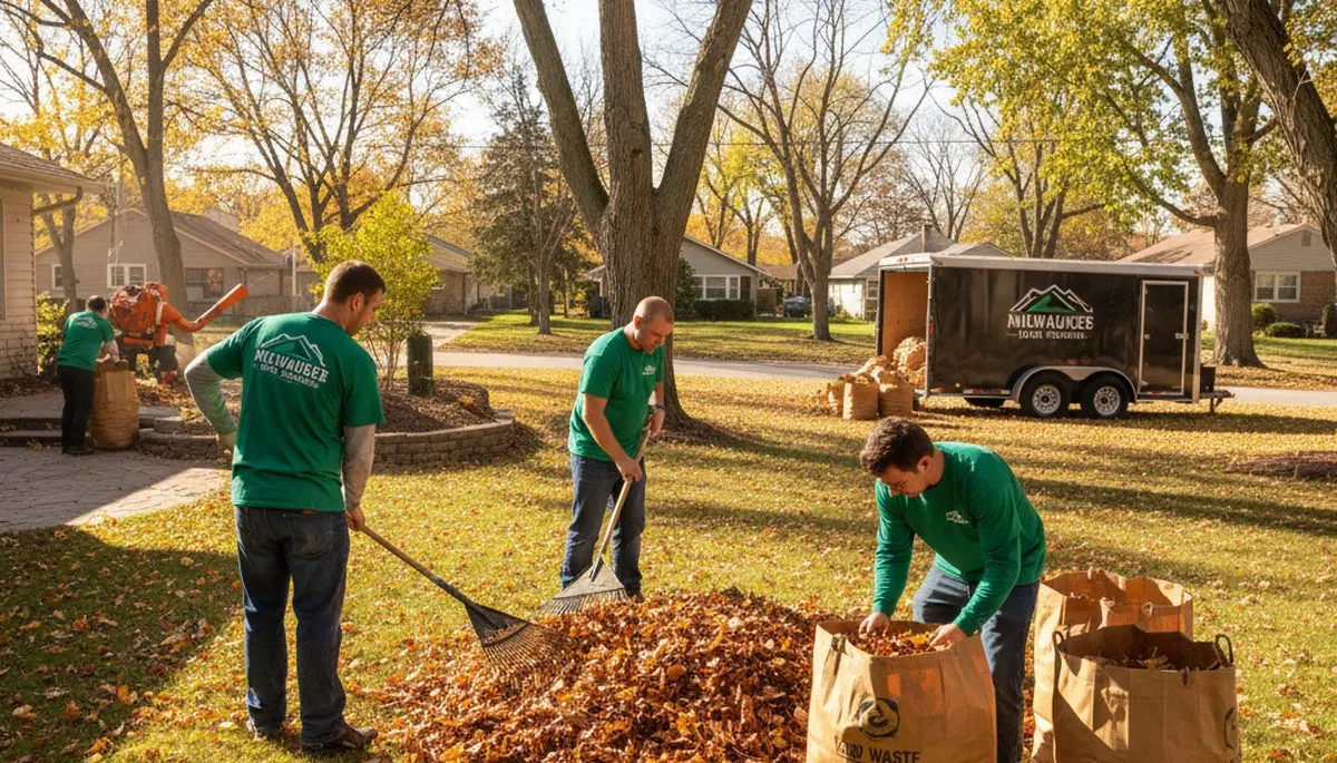 Professionals performing fall leaf cleanup and yard maintenance in Milwaukee, WI