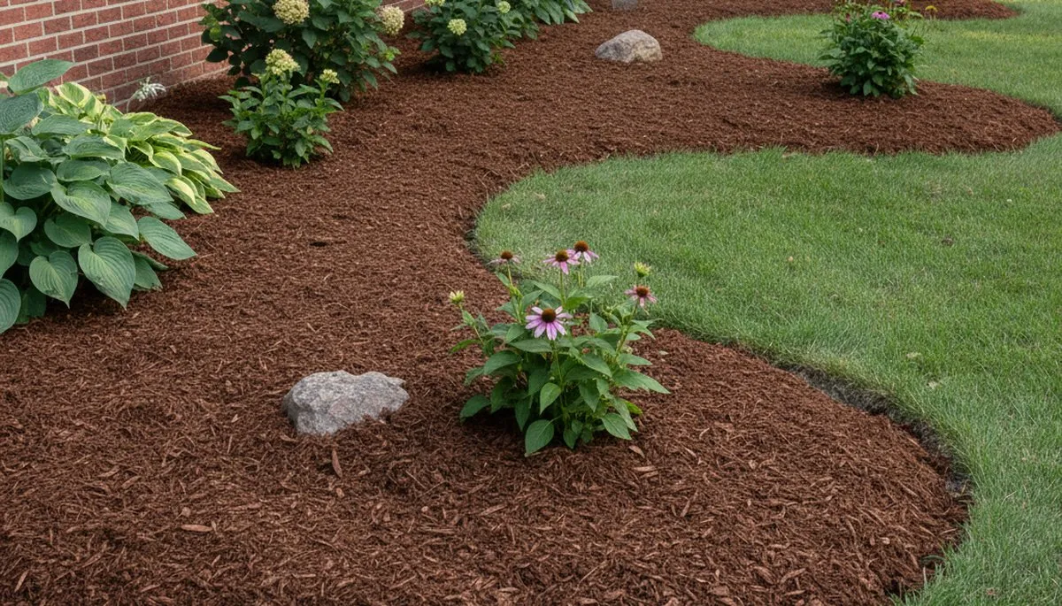 Fresh mulch installation in Milwaukee, WI residential yard with clean edges and even color coverage