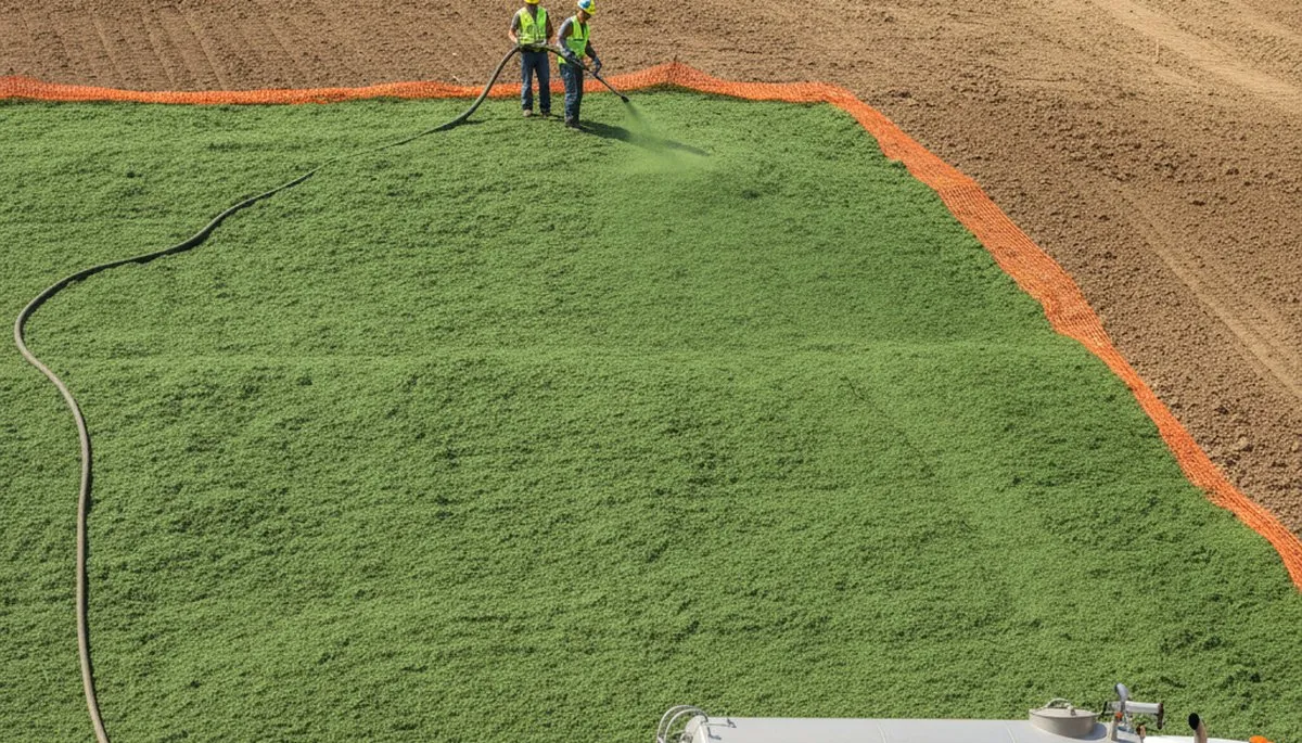 Professional hydroseeding on Milwaukee hillside for erosion control and slope stabilization