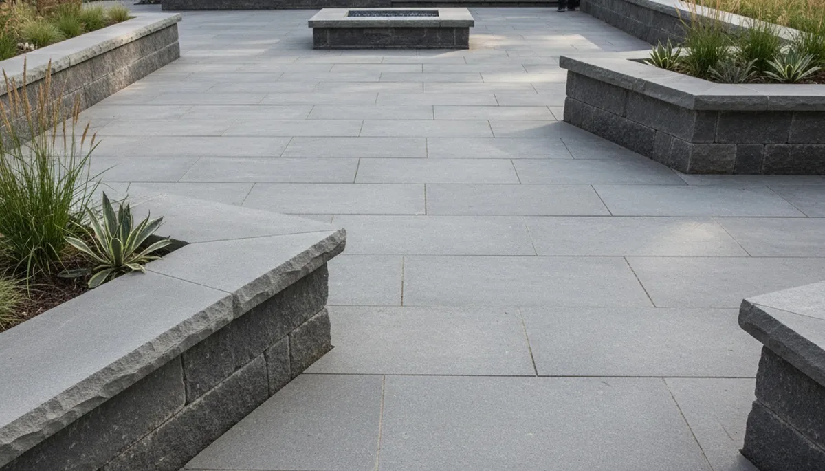 Large format stone slab patio installation by professional landscapers in Milwaukee, WI