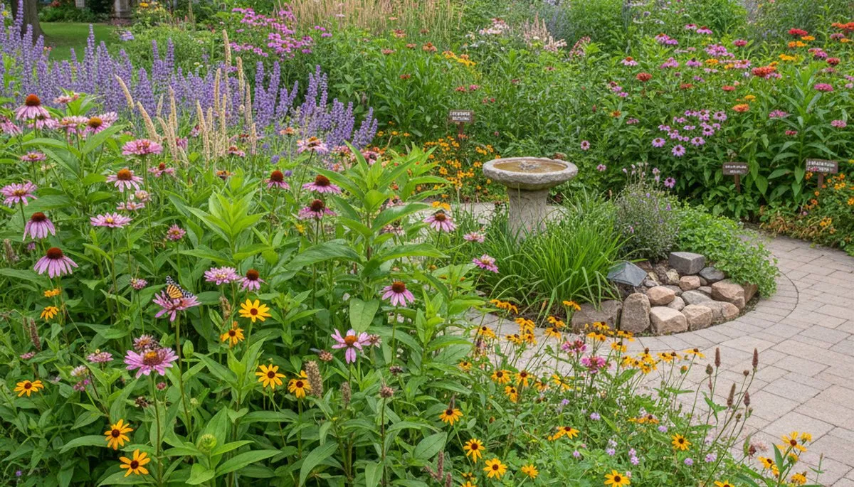 Native pollinator garden with wildflowers and bees, organic landscaping in Milwaukee WI