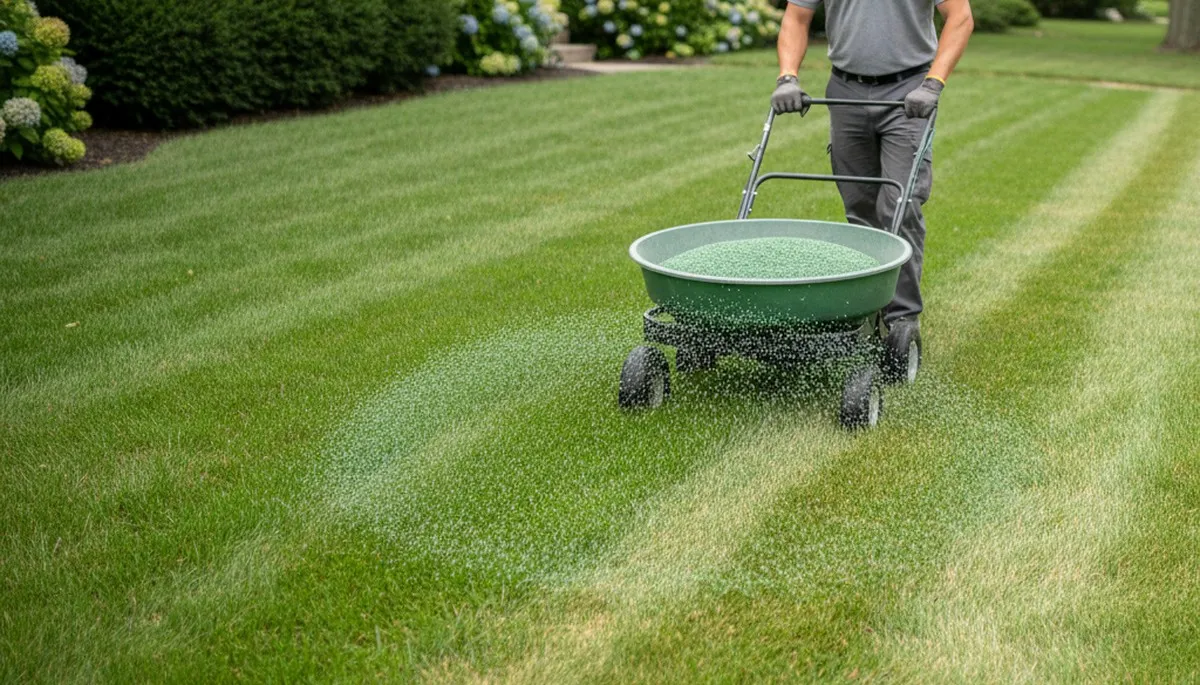 Lawn care technician applying fertilizer with spreader on residential turf in Milwaukee, WI
