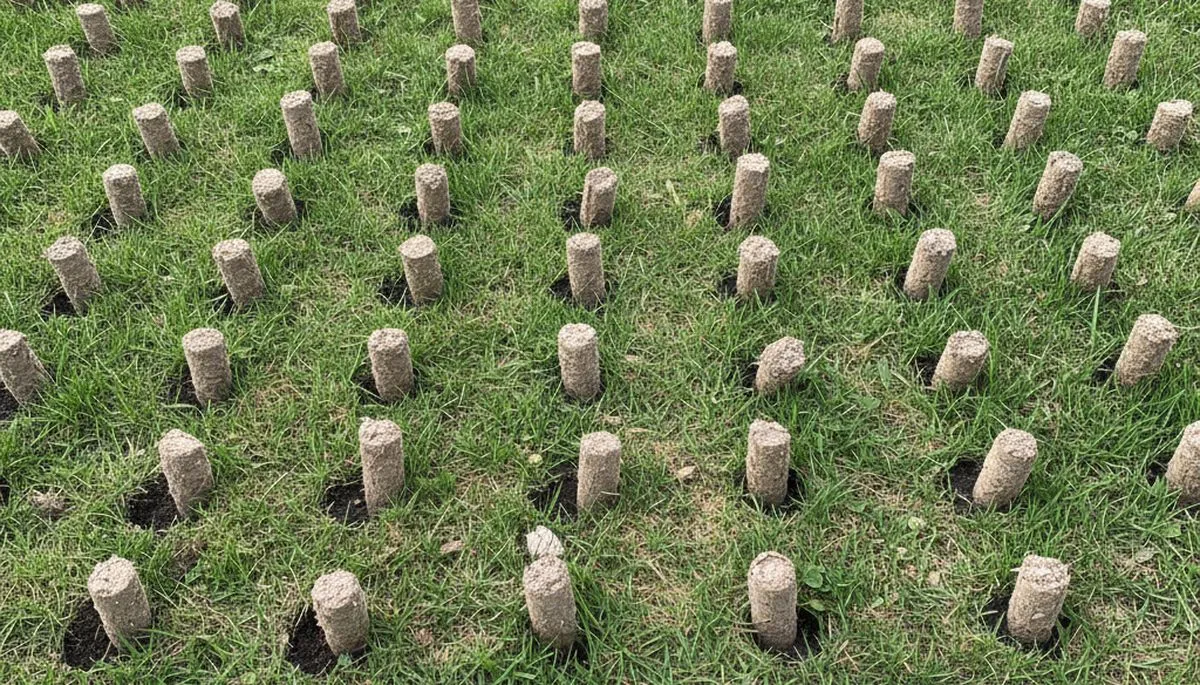 Close-up of lawn aeration soil core plugs on Milwaukee, WI turf by Chop Chop Landscaping