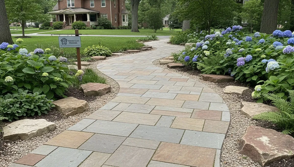 Curved stone paver pathway installation by Chop Chop Landscaping in Milwaukee, WI