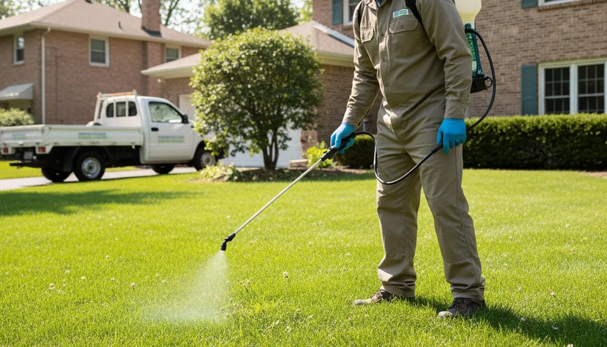 Lawn care technician applying weed control treatment in Milwaukee, WI for healthy, green turf maintenance